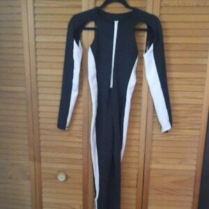 MICHI Velocity Black White Front Zipper Cut Out Long Sleeve Unitard Jumpsuit XS